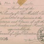 Scan of Helena Normanton's pink Law Student Card at Middle Temple