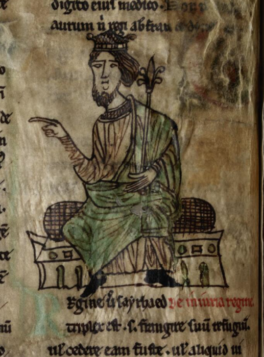 Digitised Latin book of the Laws of Hywell Dda with an image of a king figure on the page