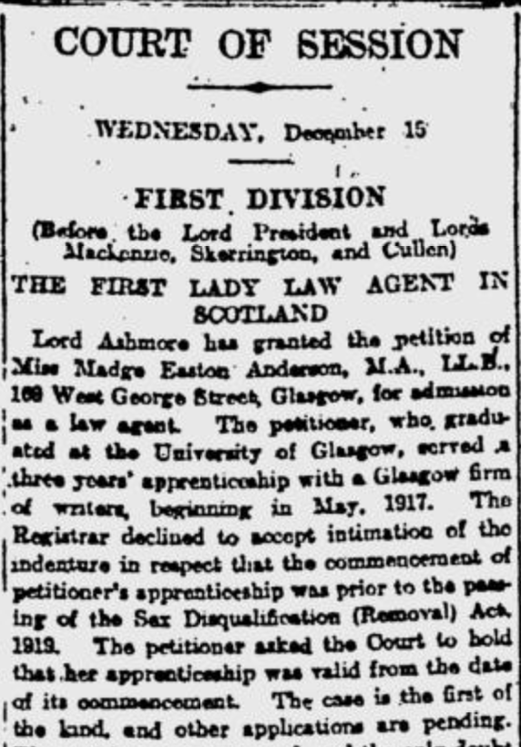 News-clipping of Madge Easton Anderson from the Glasgow Herald December 16, 1920