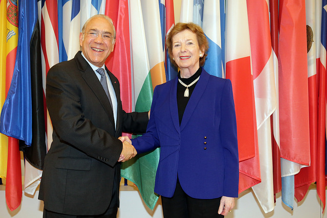 Colour photo of Mary Robinson standing in front of flags shaking hands at the Organisation for Economic Co-Operation in 2017