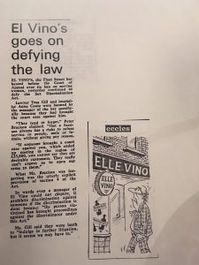 Newspaper clipping with the heading 'El Vino's goes on defying the law'