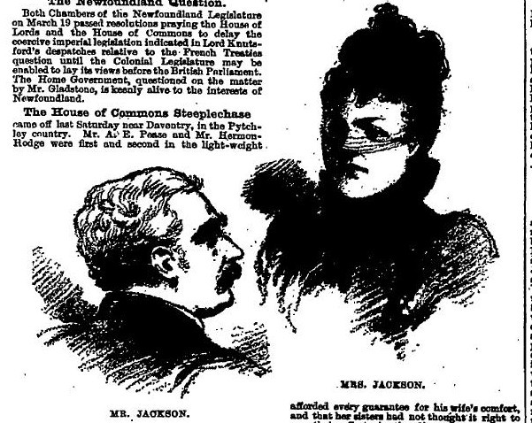 Black and white article with sketches of Mr and Mrs Jackson