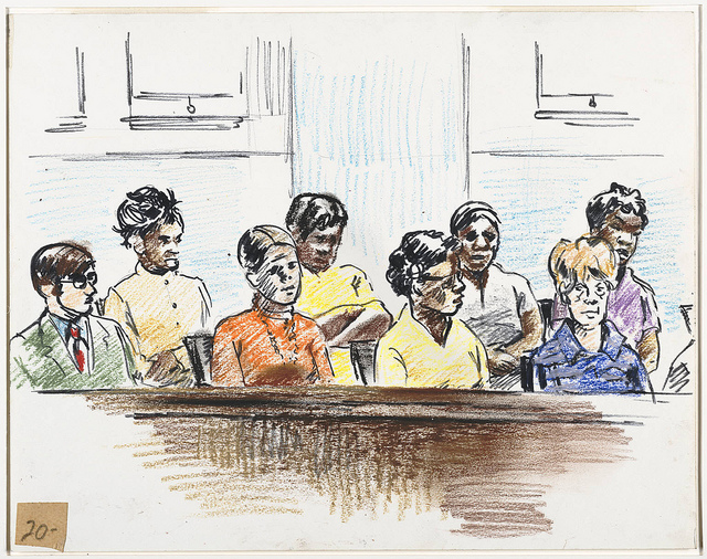 Colour drawing of a majority female jury